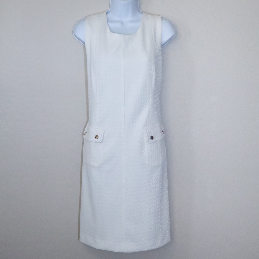 Tommy Hilfiger Shift Dress 8‎ White Textured Pique Pocket Sleeveless Mod Preppy - Picture 2 of 15